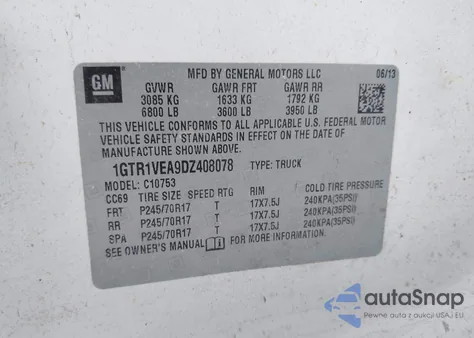 2013 GMC Sierra 1500 Sle z USA, uszkodzony, nr VIN 1GTR1VEA9DZ408078